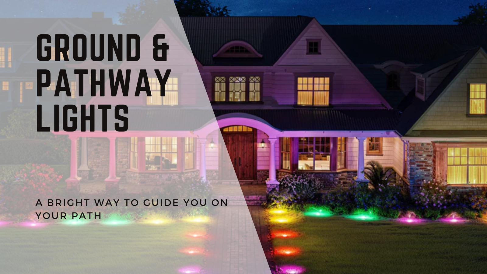 Banner reads "Ground and Pathway lights" image shows house with ground lights