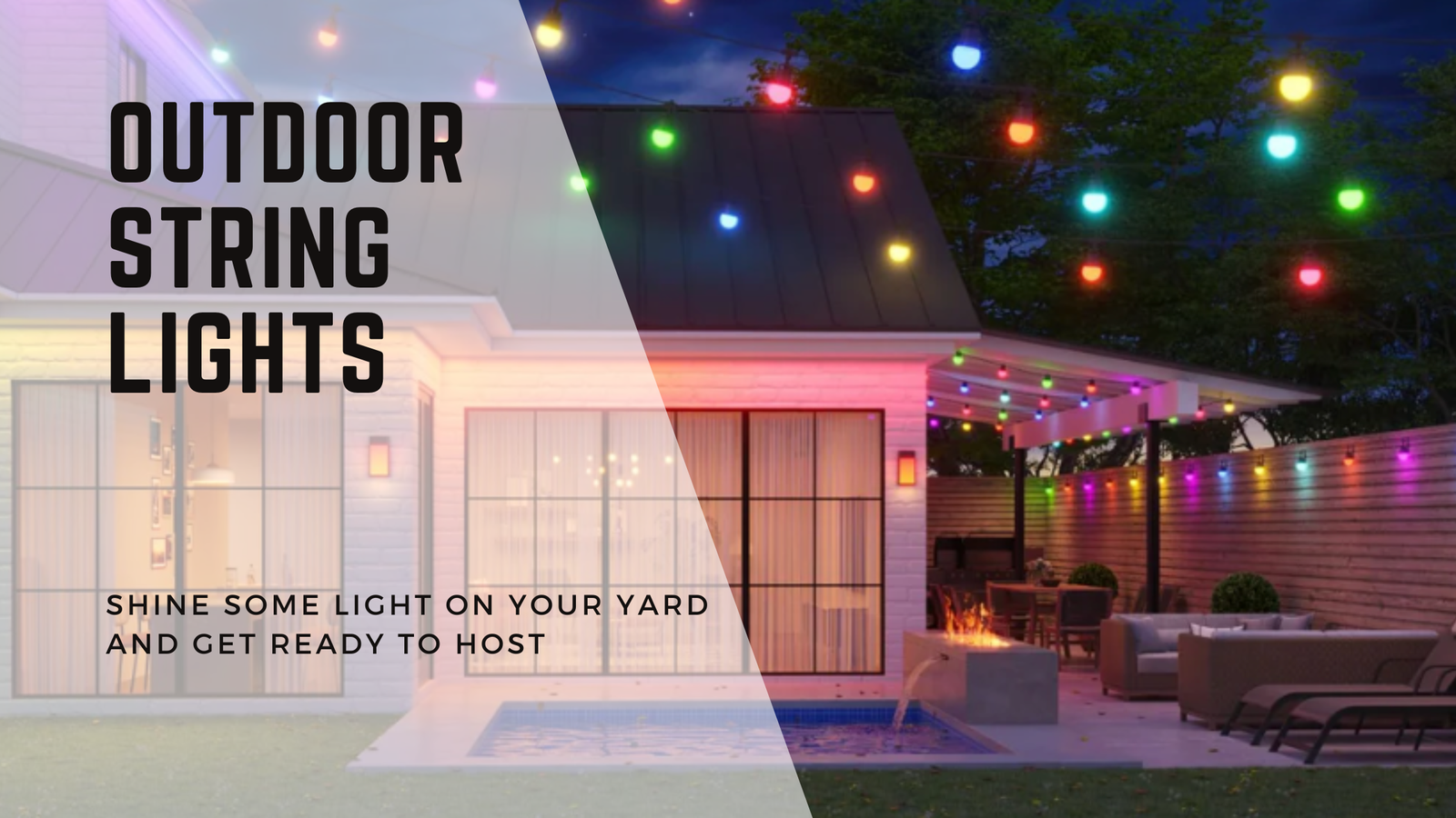 Banner reads "Outdoor String Lights" image shows the lights hung above a yard